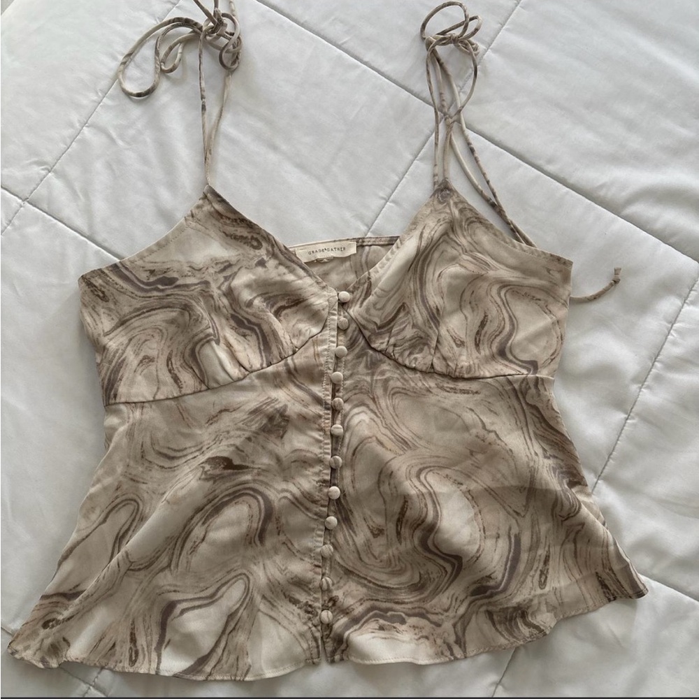 Marble-Print Tie-Shoulder Cami in Beige and Brown